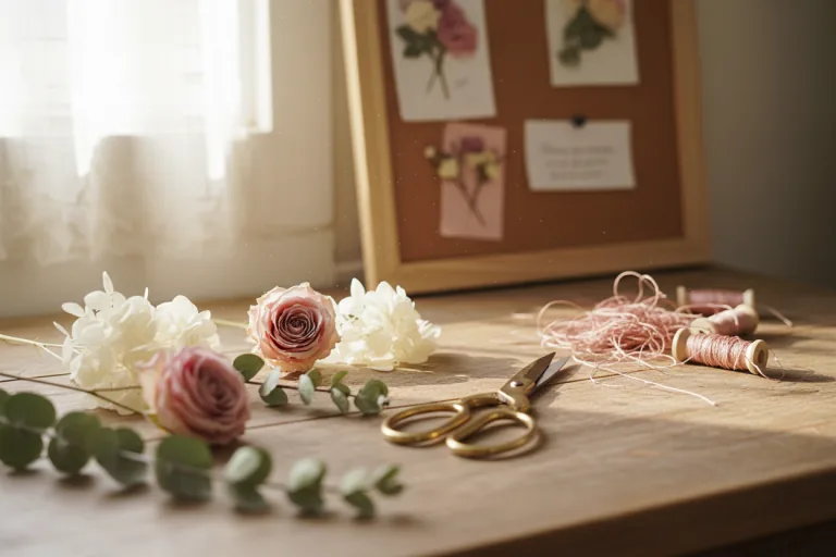 Table de couture avec fleurs, bobines de fil et ciseaux dans l’atelier.