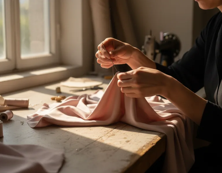 Travail de couture à la main sur un tissu rose, près d’une machine à coudre.