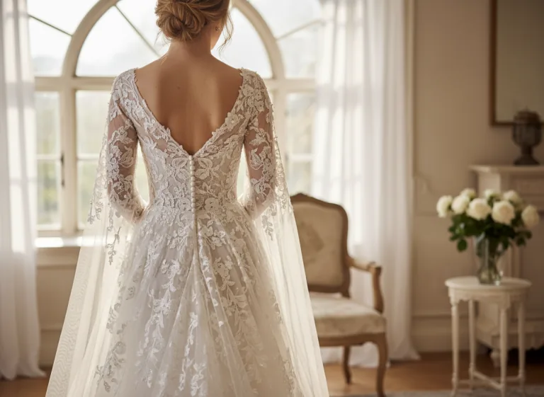 Dos d’une robe de mariée en dentelle dans un atelier lumineux.