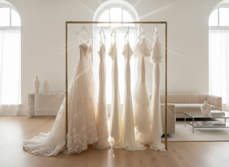 Plusieurs robes claires suspendues dans un espace lumineux.