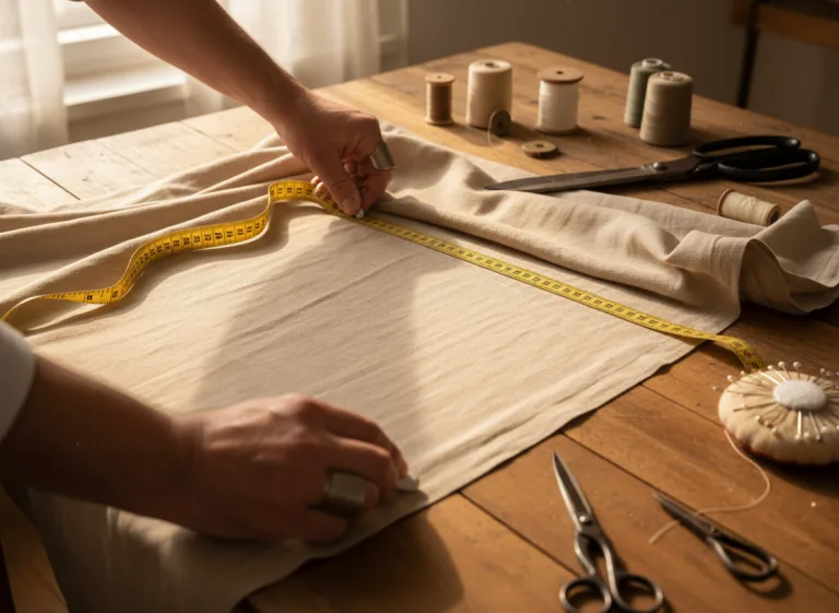 Mesure d’un tissu posé sur une table de couture.