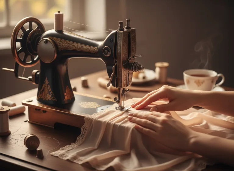 Machine à coudre noire auprès d’un tissu clair et de matériel de couture.